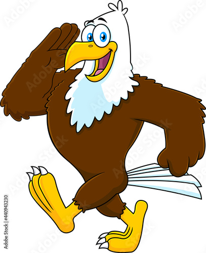 Patriotic Eagle Cartoon Character Marches. Vector Hand Drawn Illustration Isolated On Transparent Background