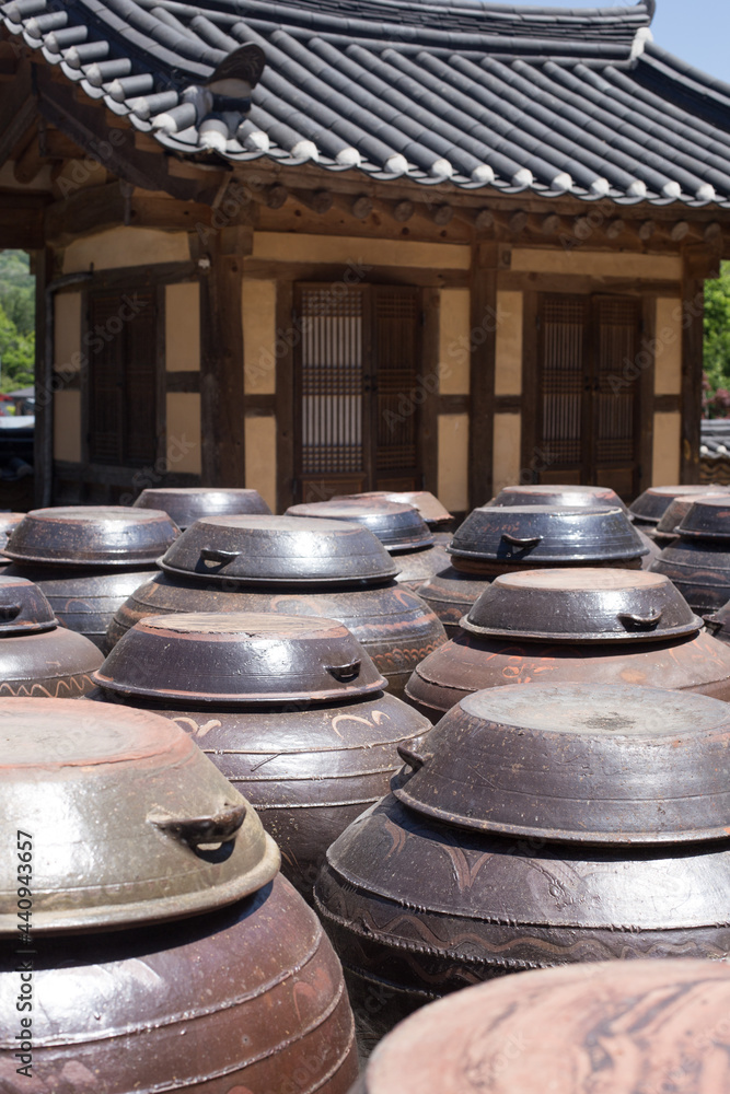 Crock of Korean Traditional Houses. korean pot.