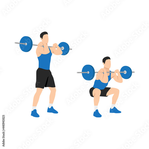 Man doing Front barbell squat exercise. Flat vector illustration isolated on white background