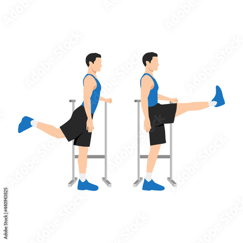 Man doing Forward leg hip exercise. Flat vector illustration isolated on white background