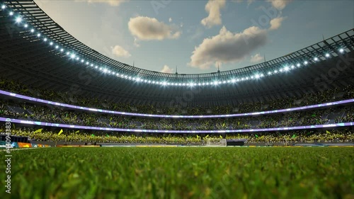soccer stadium with fans cloudy evening crowd waiting game clamping and waving flags . High quality 4k footage