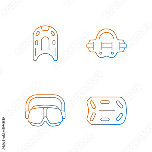 Swimming pool supplies gradient linear vector icons set. Kickboard. Aqua jogger. Swimming goggles. Aquatic fitness. Thin line contour symbols bundle. Isolated vector outline illustrations collection