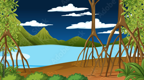 Nature scene with Mangrove forest at night in cartoon style