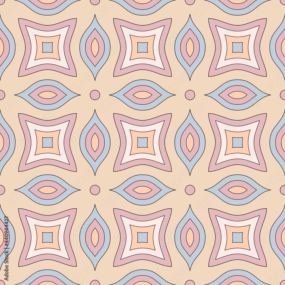 Seamless pastel pattern. Wrapping paper. Template for fabric. Stylish background for cards. Modern geometric textile design. Fashionable color combinations. Ornamental backdrop. Wallpapers. Tiles.