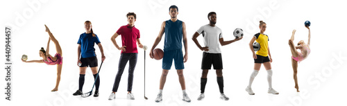 Sport collage. Gimnastics, basketball, soccer football, golf, voleyball, floorball players posing isolated on white studio background. photo