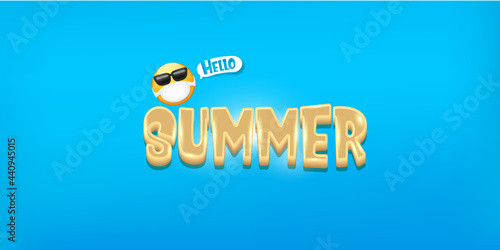 Hello summer concept with yellow Emoji sticker with mouth medical protection mask and sunglasses isolated on blue horizontal banner background. Vector hello summer poster or flyer with emoji