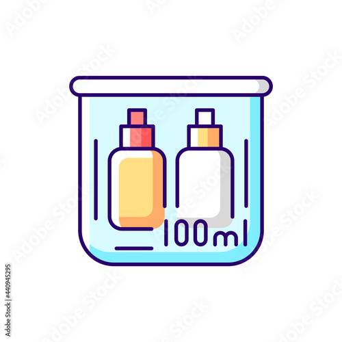 Travel size bottles 100 ml RGB color icon. Portable amenities with cosmetic products. Essential things for tourist. Isolated vector illustration. Passenger objects simple filled line drawing