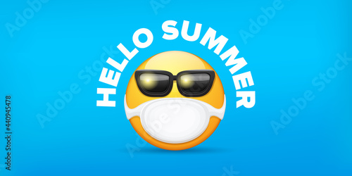 Hello summer concept with yellow Emoji sticker with mouth medical protection mask and sunglasses isolated on blue horizontal banner background. Vector hello summer poster or flyer with emoji