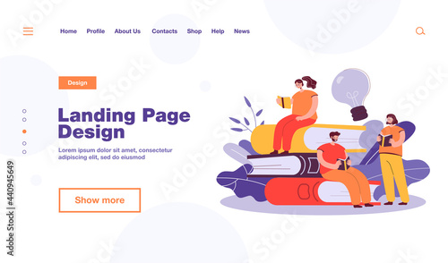 Happy tiny students reading books flat vector illustration. Cartoon bookworm people sitting or standing near big pile of books. Library and education concept