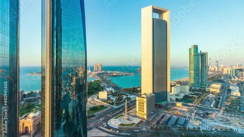 ABU DHABI, UNITED ARAB EMIRATES - Dec 16, 2018: This is a timelapse video of the Abu Dhabi skyline showing ADNOC's building and the iconic Etihad Towers in Downtown Abu Dhabi.