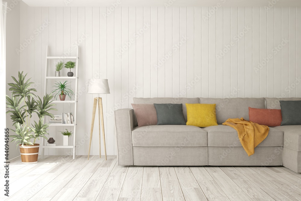 Fototapeta premium Soft color living room with sofa. Scandinavian interior design. 3D illustration