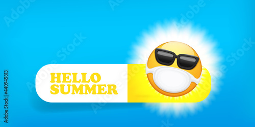 Hello summer concept with yellow Emoji sticker with mouth medical protection mask and sunglasses isolated on blue horizontal banner background. Vector hello summer poster or flyer with emoji
