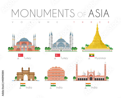 Monuments of Asia in cartoon style Volume 3: Hagia Sophia and Blue Mosque (Turkey), Shwedagon Pagoda (Myanmar), Gate of India, Hawa Mahal and Jama Masjid Mosque (India). Vector illustration