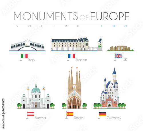 Monuments of Europe in cartoon style Volume 2: Rialto Bridge, Chenonceau Castle, Stonehenge, Karlskirche, Sagrada Familia and Neuschwanstein Castle. Vector illustration