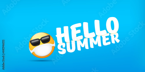 Hello summer concept with yellow Emoji sticker with mouth medical protection mask and sunglasses isolated on blue horizontal banner background. Vector hello summer poster or flyer with emoji
