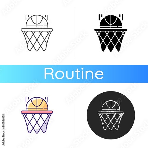 Basketball icon. Team sport for exercise. Scoring goal with shooting ball in hoop. Everyday routine activities in school. Linear black and RGB color styles. Isolated vector illustrations
