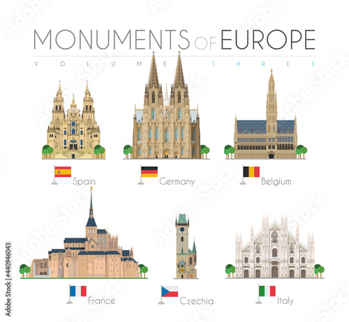 Fotobehang Monuments of Europe in cartoon style Volume 3: Santiago de Compostela Cathedral, Cologne Cathedral, Brussels Town Hall, Saint Michel, Astronomical Clock Tower and Duomo Milan