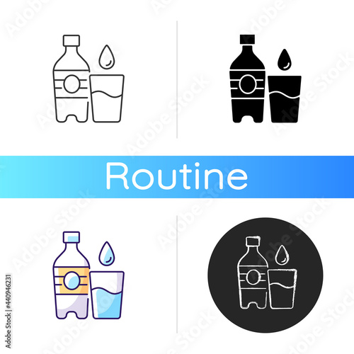 Water icon. Hydration for fitness. Mineral aqua. Fluids to avoid thirst. Water bottle to prevent dehydration. Everyday routine. Linear black and RGB color styles. Isolated vector illustrations