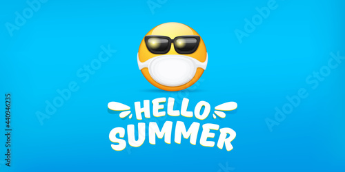 Hello summer concept with yellow Emoji sticker with mouth medical protection mask and sunglasses isolated on blue horizontal banner background. Vector hello summer poster or flyer with emoji