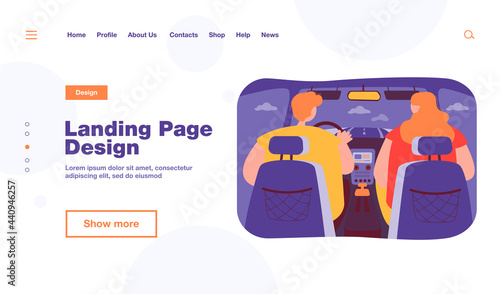 Back view of couple inside car isolated flat vector illustration. View from backseat. Cartoon driver driving and passenger sitting near him. Automobile interior and navigation concept