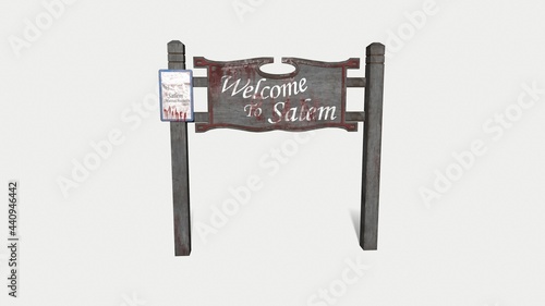 old wooden road sign isolated on white welcome to salem horror withes death 3d-illustration 3d-rendering
