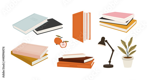 Vector illustration of stacks of books, apple, lamp, plant, isolated on white. Hand-drawn set, in flat style. Objects for learning, reading. School tools. Suitable for book shops, a publishing houses.