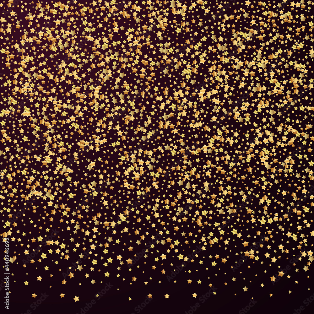 Gold stars luxury sparkling confetti. Scattered small gold particles on red maroon background. Amazing festive overlay template. Beautiful vector illustration.