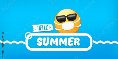 Hello summer concept with yellow Emoji sticker with mouth medical protection mask and sunglasses isolated on blue horizontal banner background. Vector hello summer poster or flyer with emoji