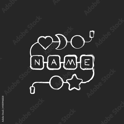 Personalised silicone teether chain chalk white icon on dark background. Practical keepsake for infant. Accessory with baby name. Teething supply. Isolated vector chalkboard illustration on black