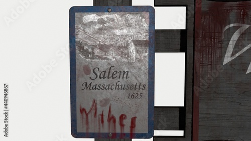 old wooden road sign isolated on white welcome to salem horror withes death 3d-illustration 3d-rendering