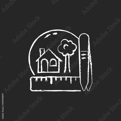 Creating miniatures chalk white icon on dark background. Building dolls house. Miniature model making. Handmade furniture. Hand building technique. Isolated vector chalkboard illustration on black
