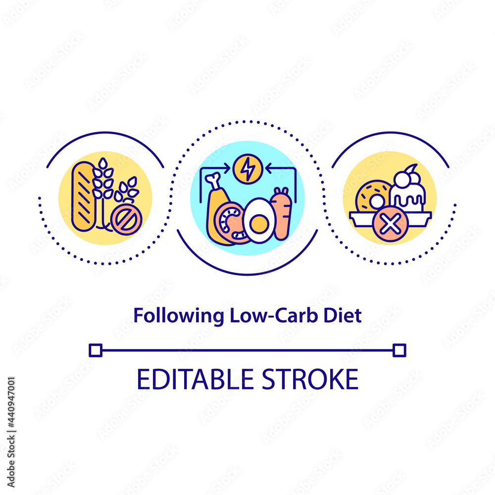 Following low carb diet concept icon. Special foods for disease treatment. Healthy meals preparing abstract idea thin line illustration. Vector isolated outline color drawing. Editable stroke