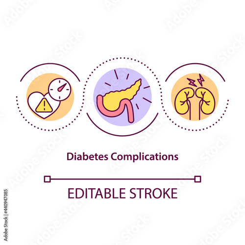 Diabetes complications concept icon. Nervous system problems. Medical help. Symptomps of illness abstract idea thin line illustration. Vector isolated outline color drawing. Editable stroke