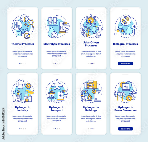 Hydrogen production onboarding mobile app page screens set. H2 usage walkthrough 4 steps graphic instructions with concepts. UI, UX, GUI vector template with linear color illustrations