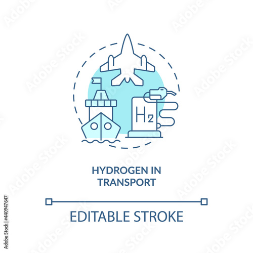 Hydrogen in transport concept icon. Use renewable energy abstract idea thin line illustration. Clean transportation. Air travel sector. Vector isolated outline color drawing. Editable stroke