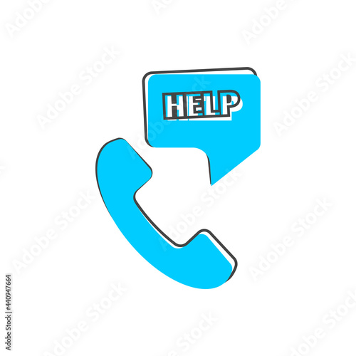 Vector call icon with a request for help on cartoon style on white isolated background.