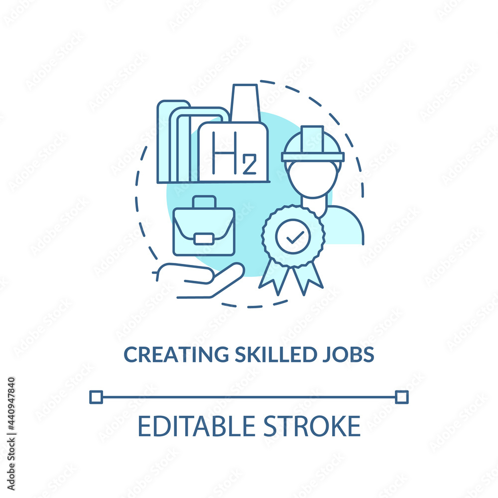 Creating skilled jobs concept icon. H2 technologies benefit abstract idea thin line illustration. Receiving training in hydrogen-related skills. Vector isolated outline color drawing. Editable stroke Creating skilled jobs concept icon. H2 technologies benefit abstract idea thin line illustration. Receiving training in hydrogen-related skills. Vector isolated outline color drawing. Editable stroke