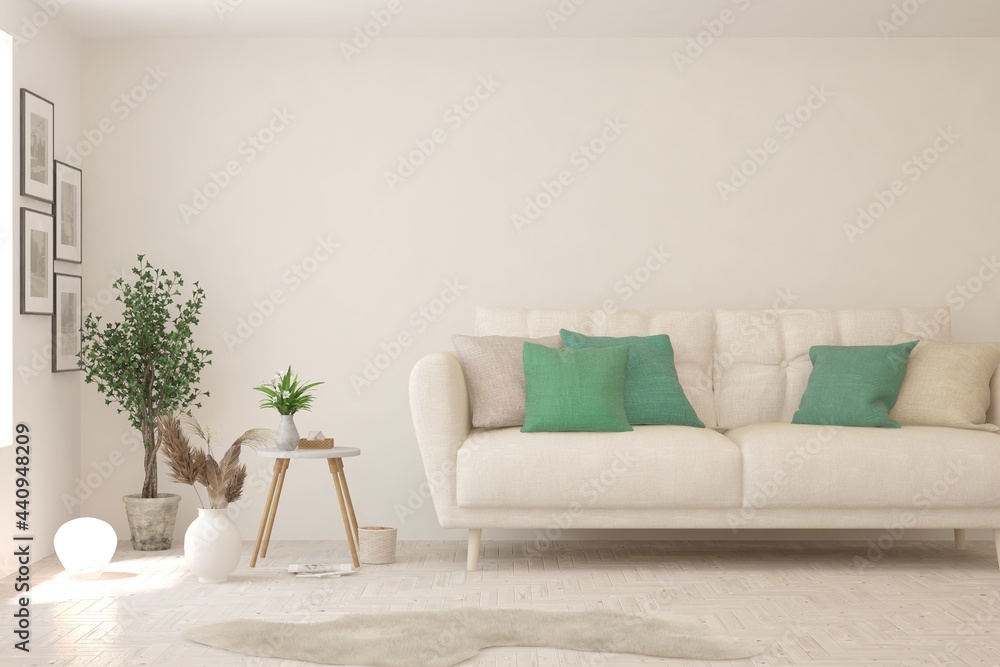 Modern living room in white color with sofa. Scandinavian interior design. 3D illustration