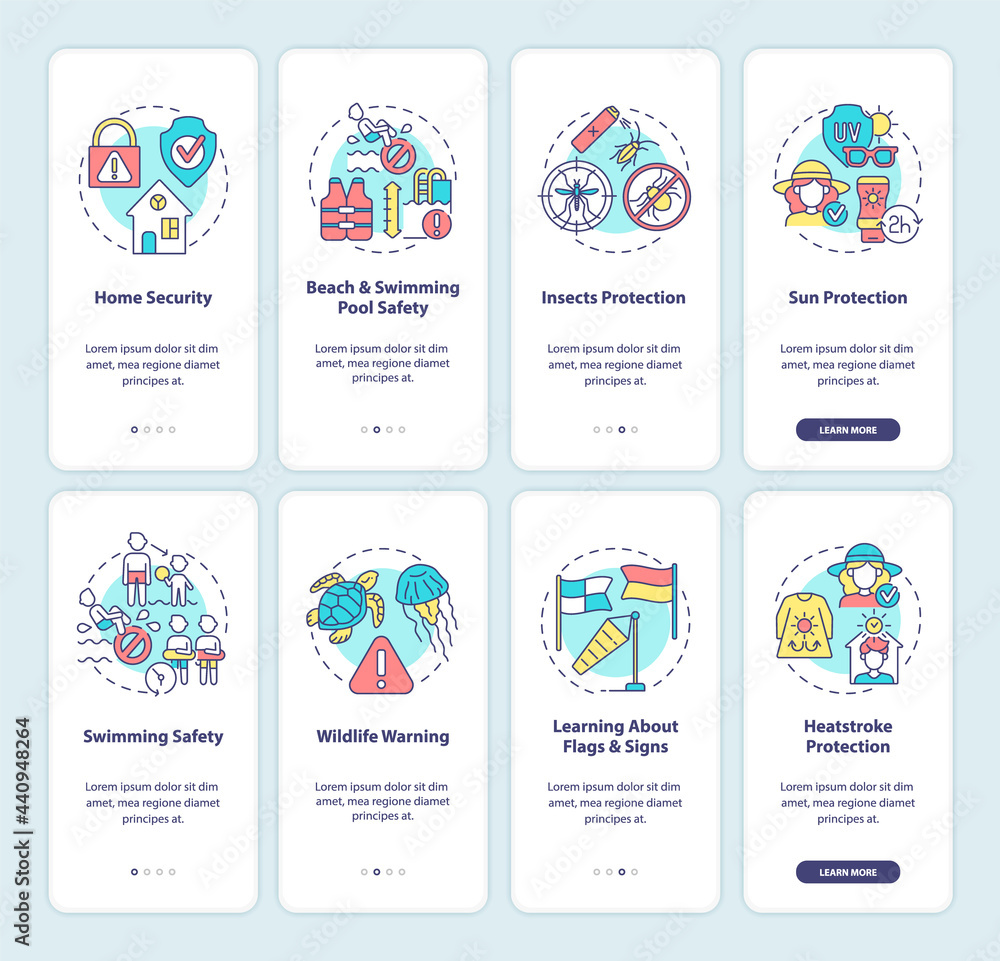 Planning summer vacation onboarding mobile app page screens set. Summertime safety walkthrough 4 steps graphic instructions with concepts. UI, UX, GUI vector template with linear color illustrations