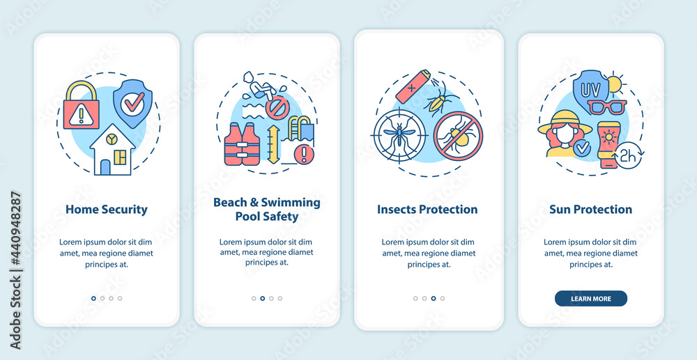 Summer vacation safety onboarding mobile app page screen. Insects protection walkthrough 4 steps graphic instructions with concepts. UI, UX, GUI vector template with linear color illustrations