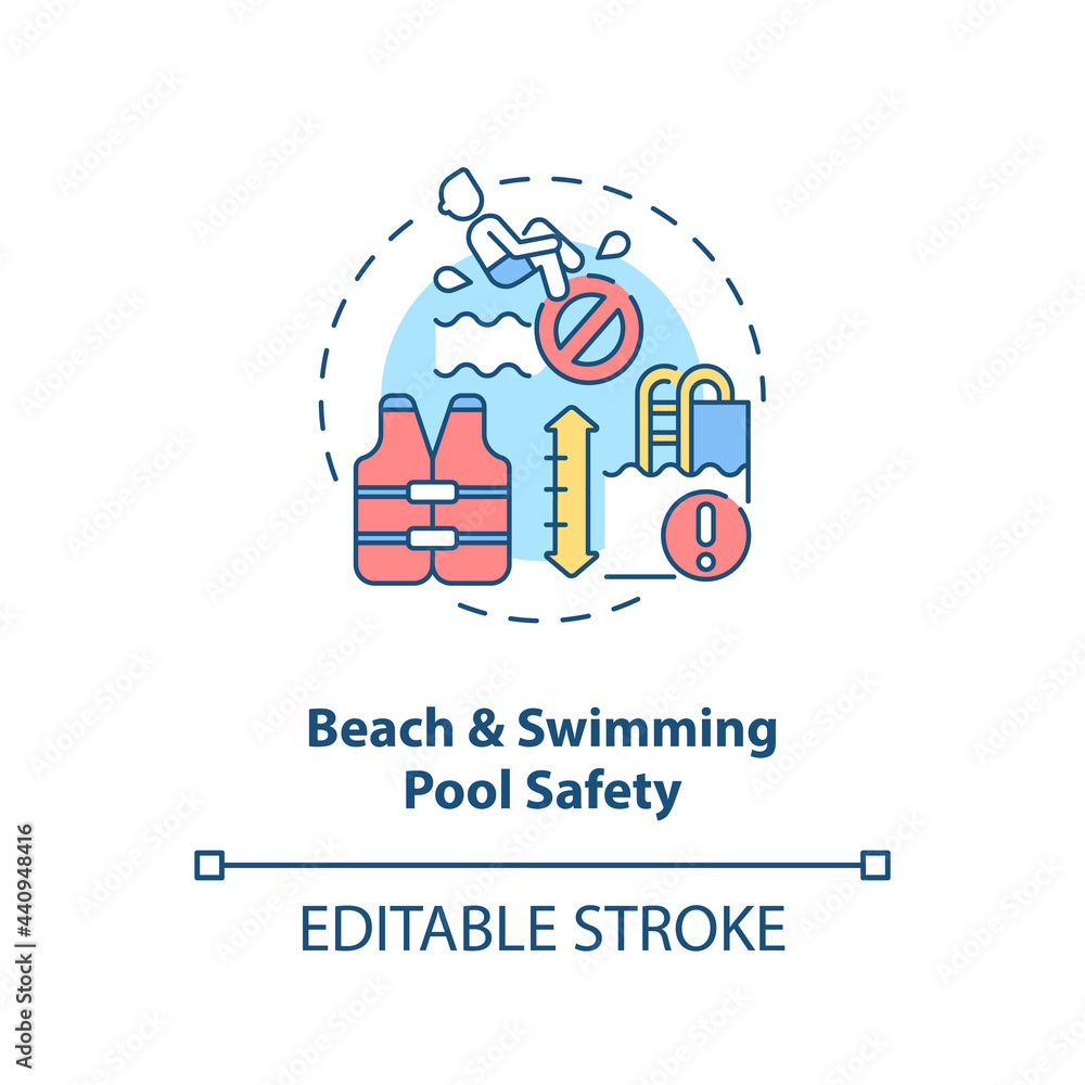 Beach and swimming pool safety concept icon. Summer vacation abstract idea thin line illustration. Taking first aid course. Checking depth. Vector isolated outline color drawing. Editable stroke Beach and swimming pool safety concept icon. Summer vacation abstract idea thin line illustration. Taking first aid course. Checking depth. Vector isolated outline color drawing. Editable stroke