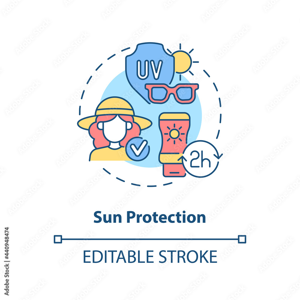 Sun protection concept icon. Summer vacation safety abstract idea thin line illustration. Lowering skin damage risk. Reducing sun UV rays effect. Vector isolated outline color drawing. Editable stroke Sun protection concept icon. Summer vacation safety abstract idea thin line illustration. Lowering skin damage risk. Reducing sun UV rays effect. Vector isolated outline color drawing. Editable stroke