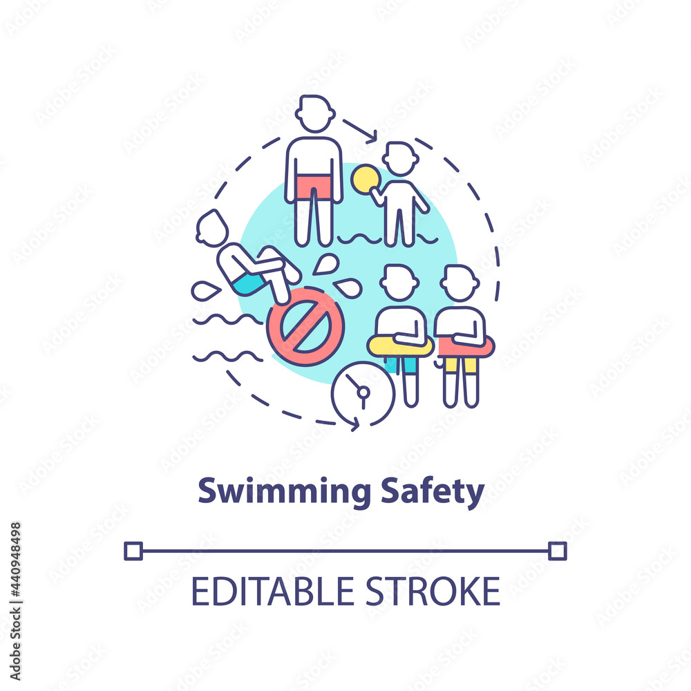 Swimming safety concept icon. Summer beach dangers abstract idea thin line illustration. Wearing life jackets. Supervising children around water. Vector isolated outline color drawing. Editable stroke