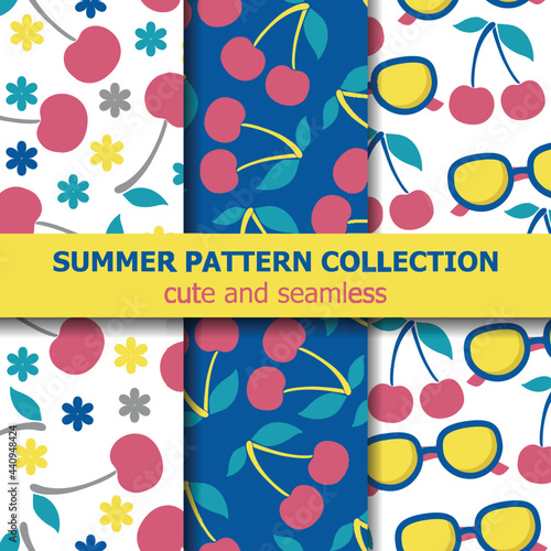 Summer pattern collection with cherries and sunglasses. Summer banner.