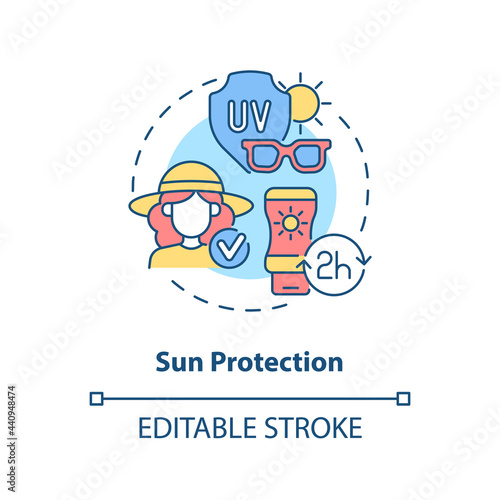 Sun protection concept icon. Summer vacation safety abstract idea thin line illustration. Lowering skin damage risk. Reducing sun UV rays effect. Vector isolated outline color drawing. Editable stroke