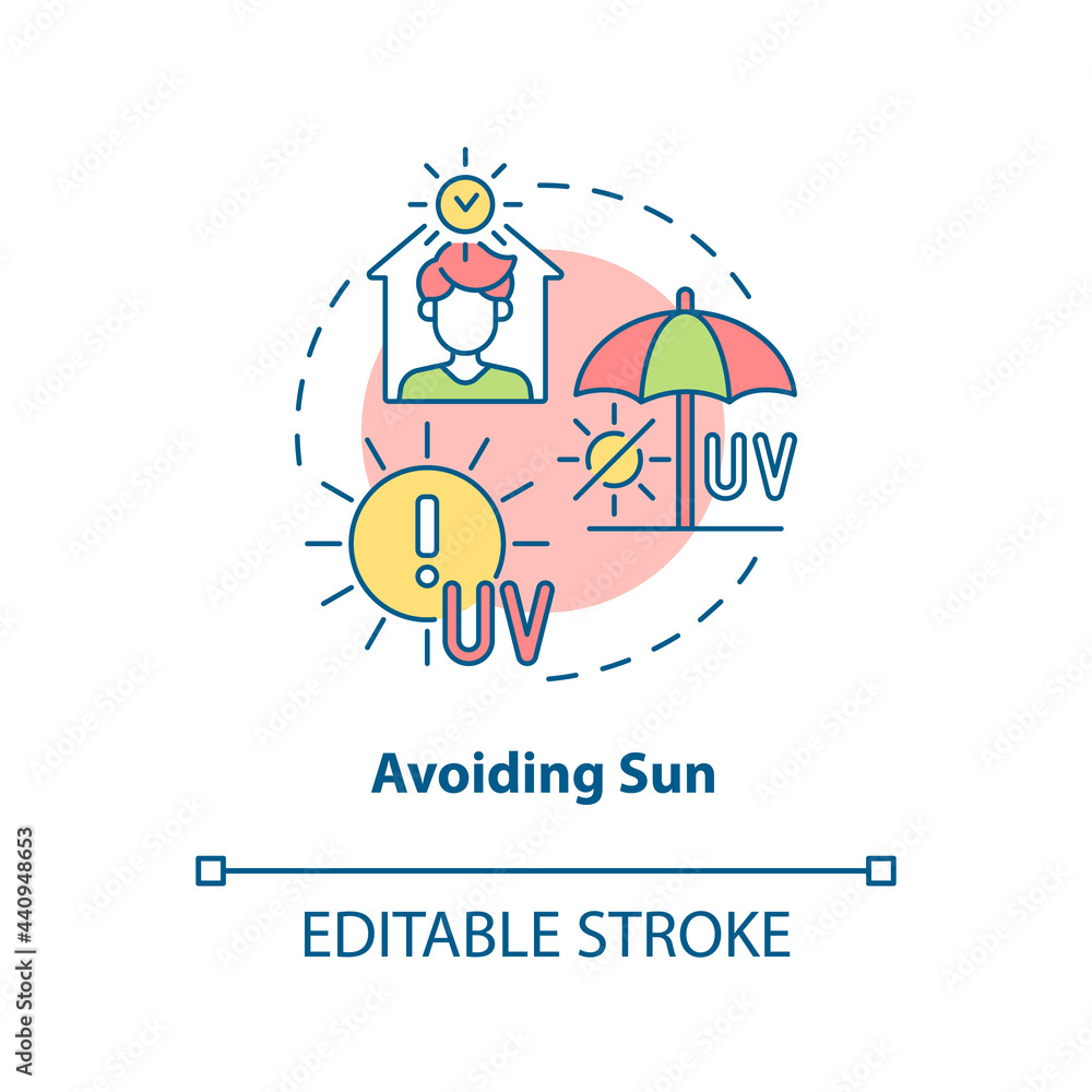 Avoiding sun concept icon. Heat exhaustion risk reducing abstract idea thin line illustration. Staying at home during peak sun hours. Vector isolated outline color drawing. Editable stroke
