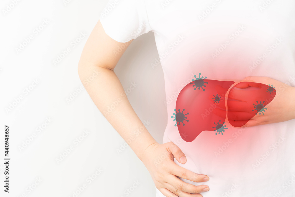 World hepatitis day concept. Woman suffering from abdominal pain with liver viral infection symbol. Awareness of prevention and treatment viral hepatitis that causes liver cancer. - obrazy, fototapety, plakaty 