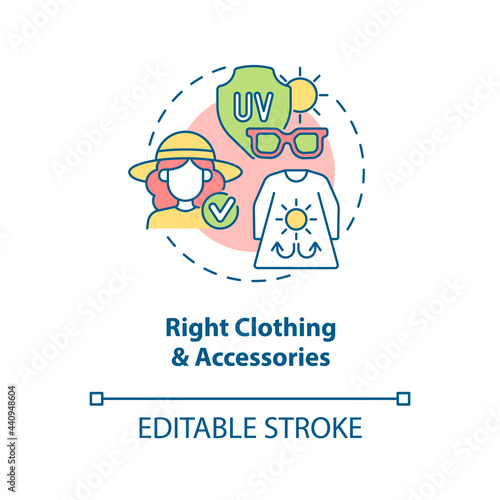 Right clothing, accessories concept icon. Heatstroke prevention abstract idea thin line illustration. Wear wide-brimmed hat. Breathable fabrics. Vector isolated outline color drawing. Editable stroke
