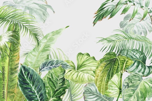 Watercolor tropical wall mural with palm tree leaves. Watercolour illustration. photo