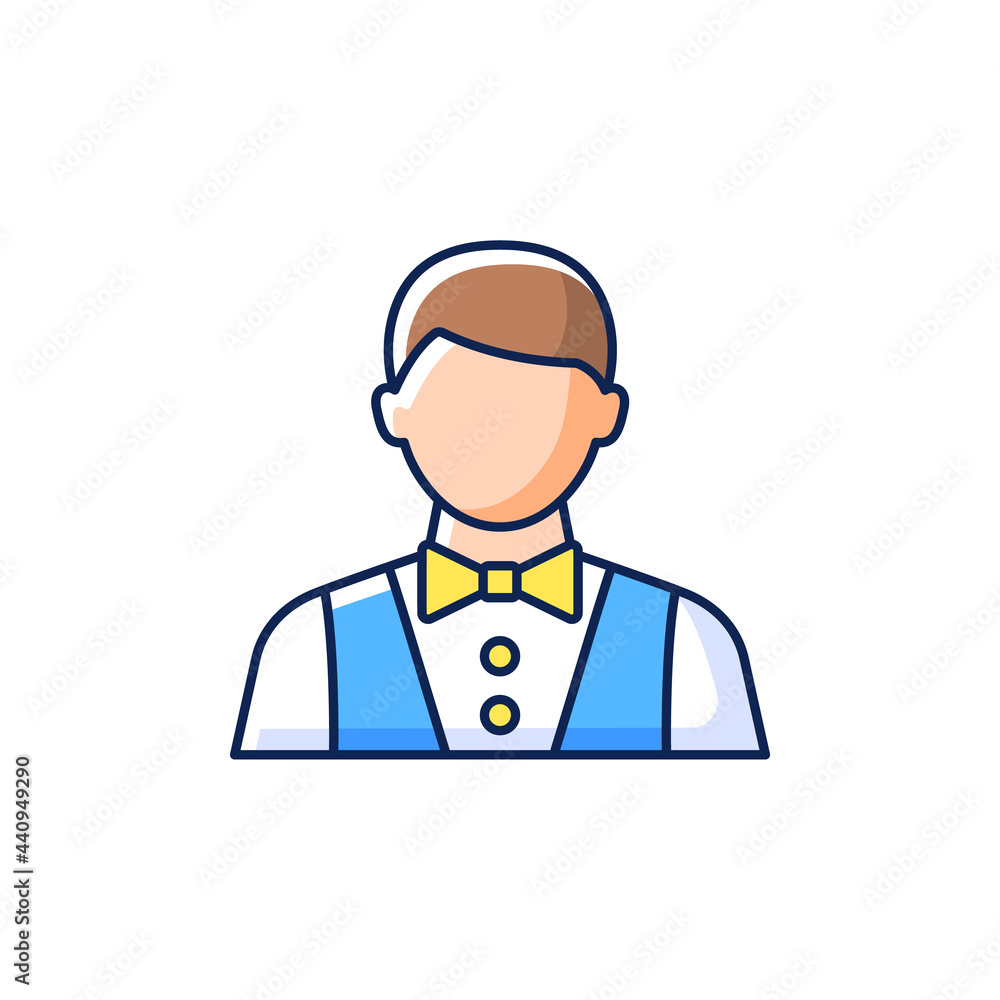 Waiter and barman RGB color icon. Isolated vector illustration. Serving foods in restaurants and dining rooms. Making meals for passengers during vacation simple filled line drawing